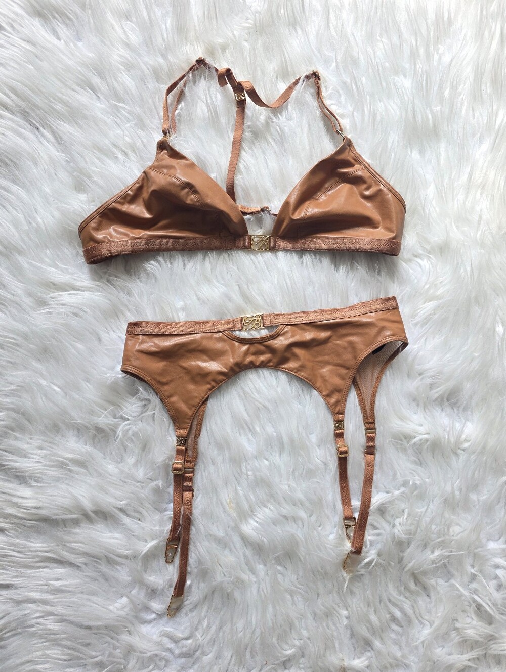 Honey Birdette Metallic Tan Bra & Garter Set